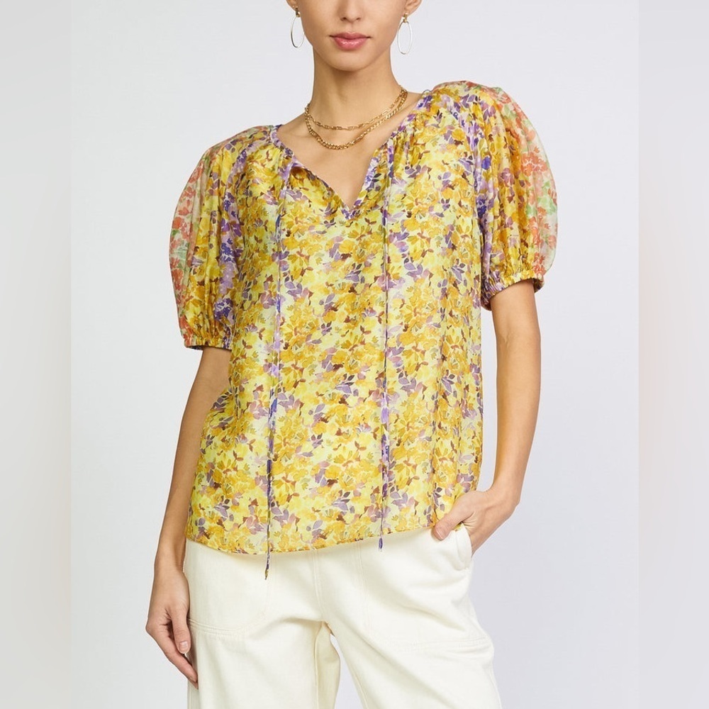 Current Air Yellow Spring Garden Floral Split‎ Neck Short Sleeve Blouse
